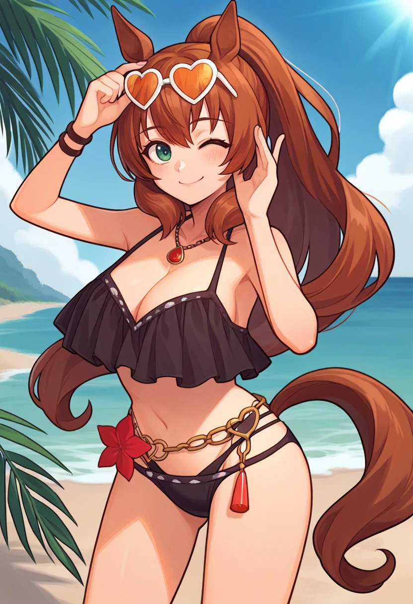 score_9, score_8_up, score_7_up, source_anime, solo, 1girl, maruzensky, smile, looking at viewer, standing, adjusting eyewear, ponytail, sunglasses, eyewear on head, heart-shaped eyewear, animal ears, green eyes, one eye closed, black bikini, frilled bikini, necklace, horse tail, large breasts, outdoors, beach <lora:umamusume_maruzensky_ponyXL:1>