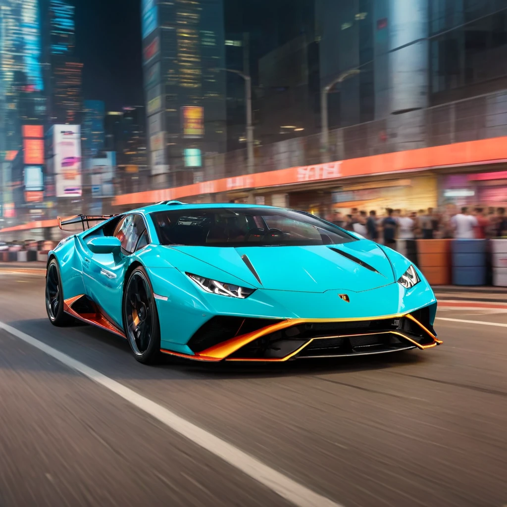 HuracánCar,sports car,masterpiece, <lora:Huracán_XL:0.8>,
award winning shot,cyberpunk city street with, hypercar in high speed pursuit, chromatic blur, chromatic aberration