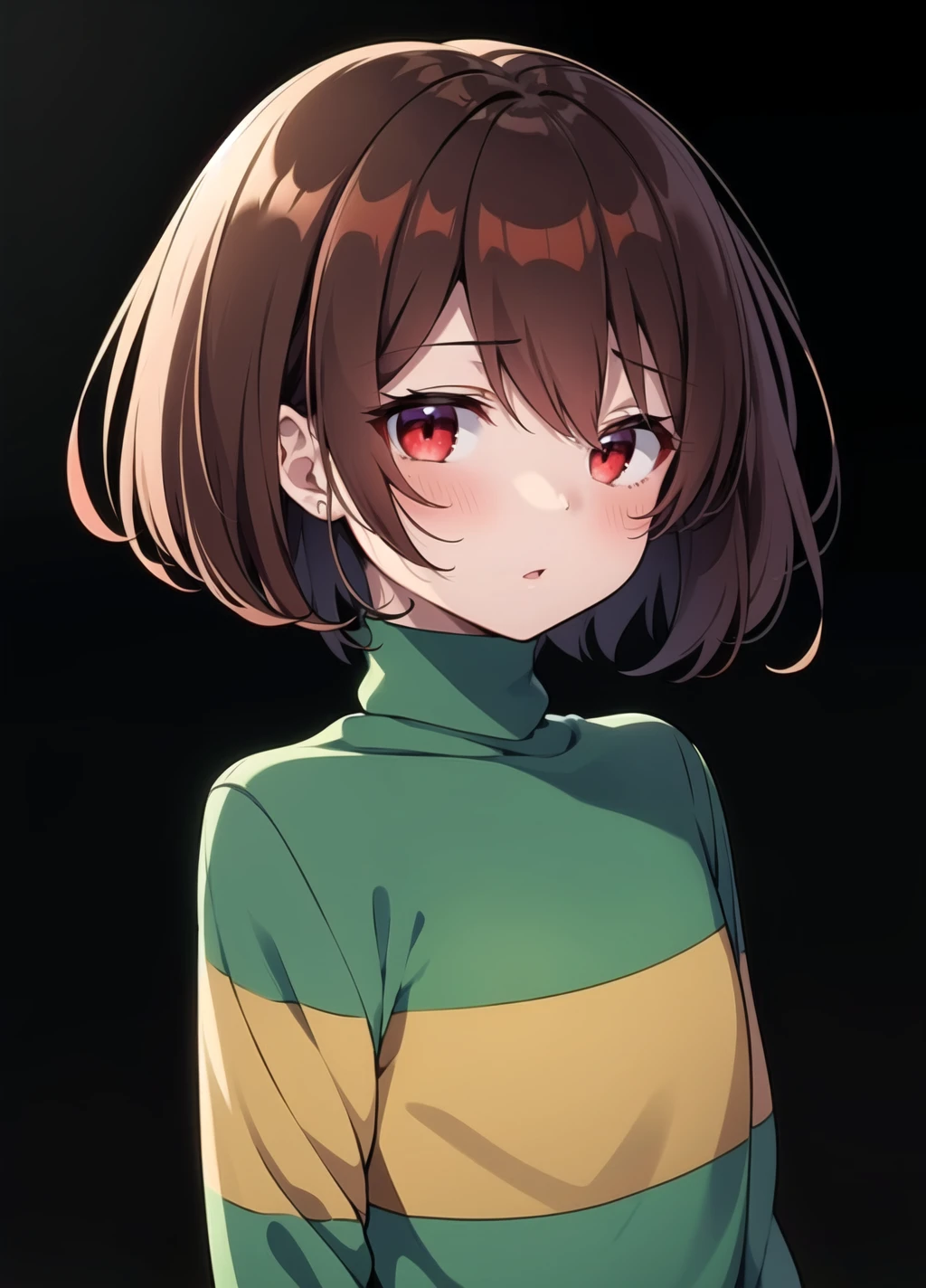 <lora:Chara anything45pruned22r60r-000006:0.7>, chara, 1girl, brown hair, red eyes, solo, shirt, looking at viewer, upper body, striped, black background, simple background, short hair, striped sweater, striped shirt, bangs, parted lips, sweater