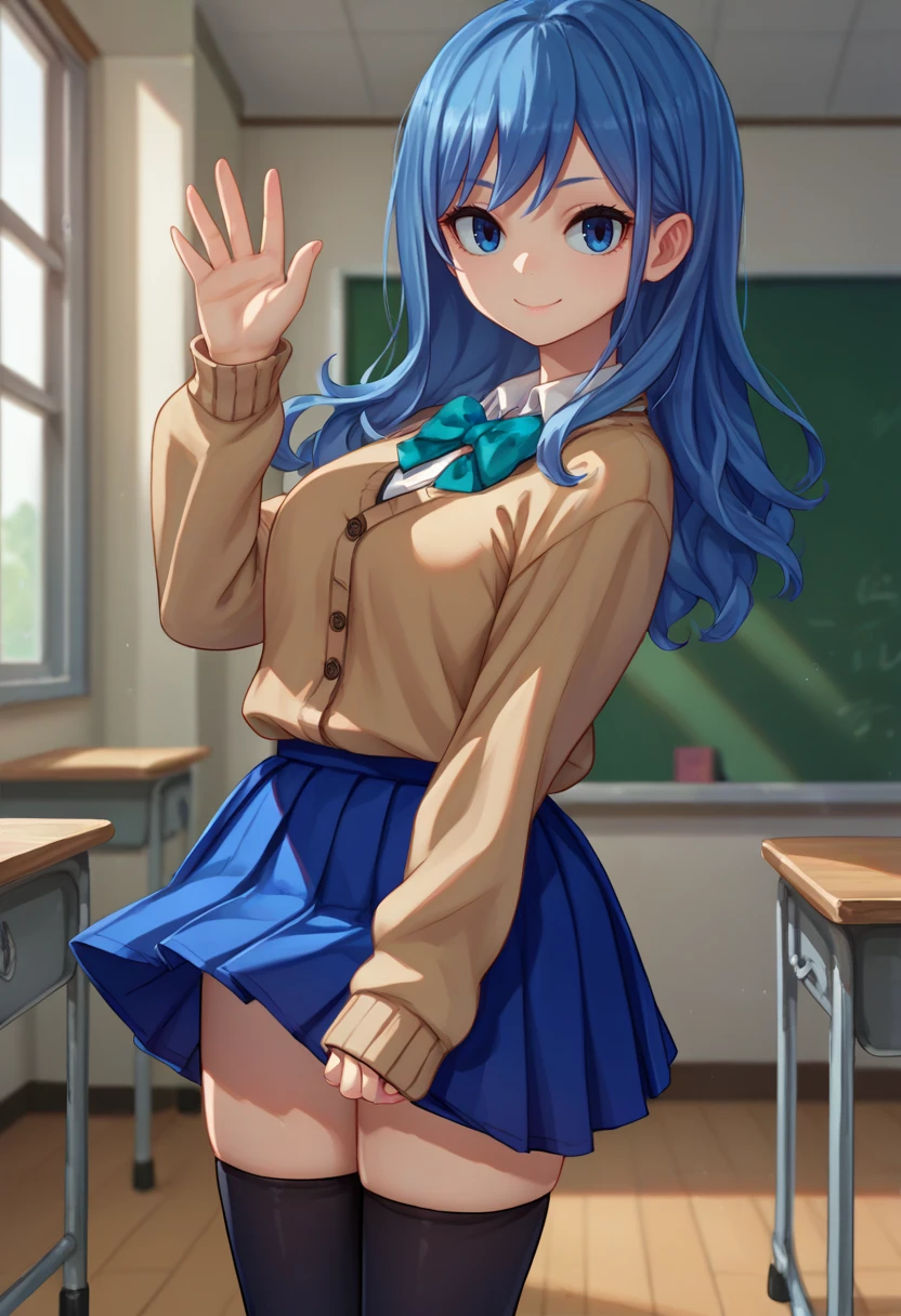 score_9, score_8_up, score_7_up, source_anime, solo, 1girl, juvia lockser, smile, looking at viewer, waving, school uniform, cardigan, brown sweater, blue skirt, pleated skirt, black thighhighs, indoors, classroom <lora:fairytail_juvialockser_ponyXL:1>