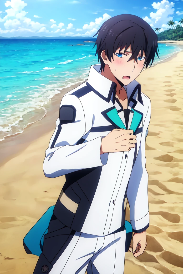 1boy, solo, cowboy shot, <lora:tatsuyaShiba:0.9>, tatsuyadef, tatsuya, black hair, blue eyes, school uniform, looking at viewer, open mouth, blush, wavy mouth, ;o, beach, sand, water, best quality, masterpiece, high quality,