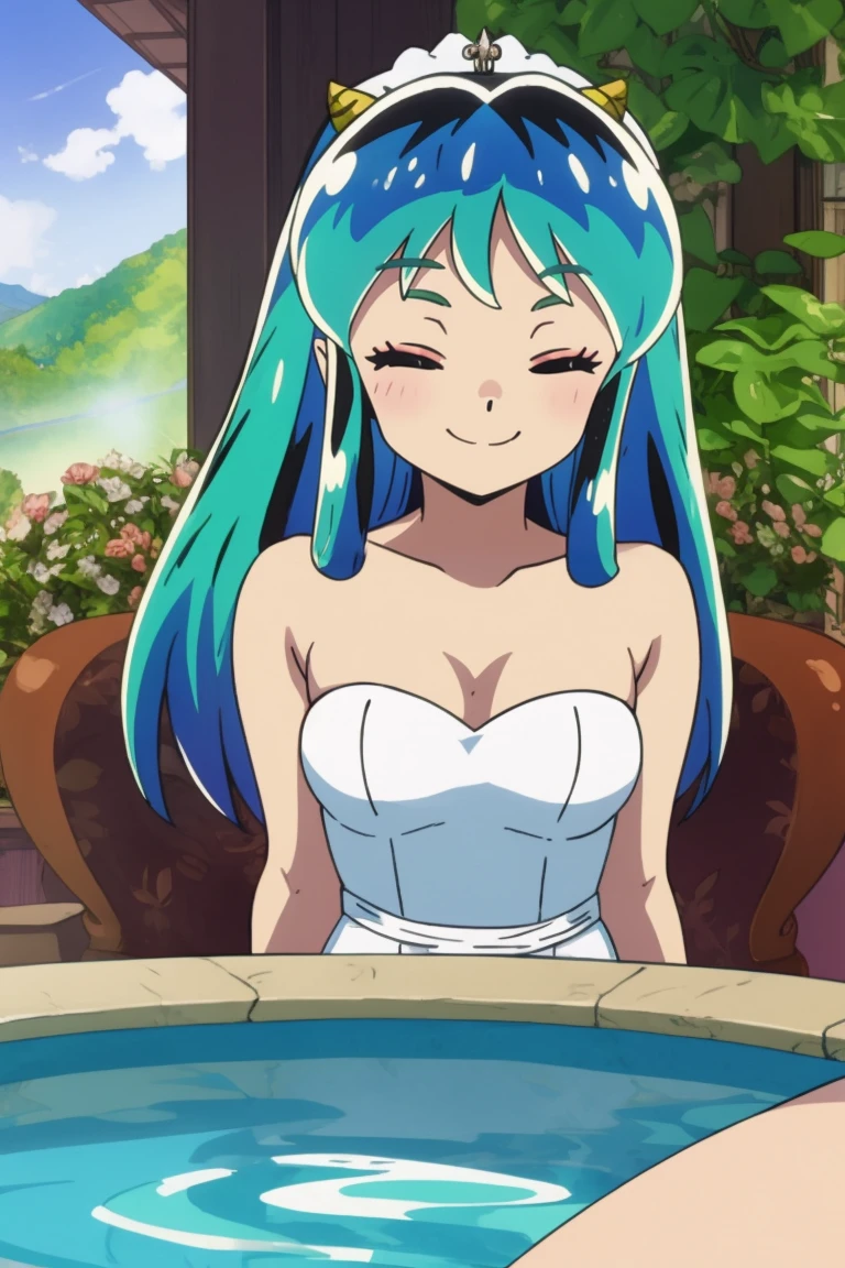 masterpiece, 8k,
lum,  wedding dress, oni horns,
<lora:Urusei Yatsura lum:0.7>
Hot Springs Hotel, 
Winking with a playful smile