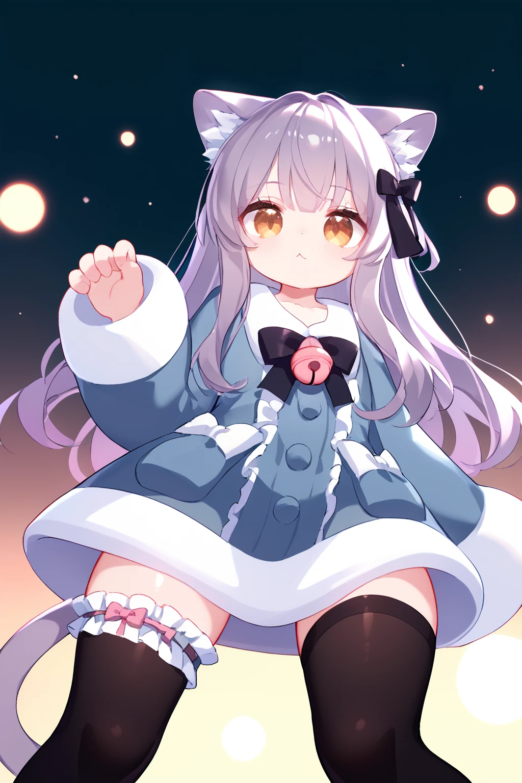 (score_9,score_8_up,score_7_up), shiny skin, 1girl, <lora:Milk_PonyXL_v1:1>, cat ears, animal ear fluff, long hair, light purple hair, hair bow, pom pom, brown eyes, cat tail, frills, dress, fur-trimmed dress, bow, pink bell, long sleeves, paw print, black thighhighs, bridal garter,