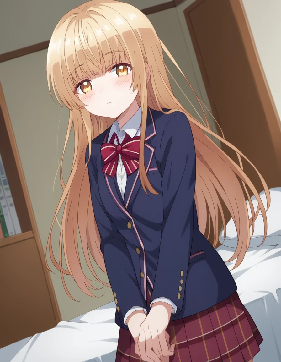 score_9, score_8_up, score_7_up, source_anime,
mahirushiina, <lora:mahiru-shiina-s1-ponyxl-lora-nochekaiser:1>
mahiru shiina, bangs, blonde hair, brown hair, yellow eyes,
long hair, skirt, bow, school uniform, jacket, pleated skirt, plaid, plaid skirt, blazer, cardigan, blue blazer, red bowtie,
indoors, bed, bed room, on side, blush, drunk,
looking at viewer, dutch angle, cowboy shot