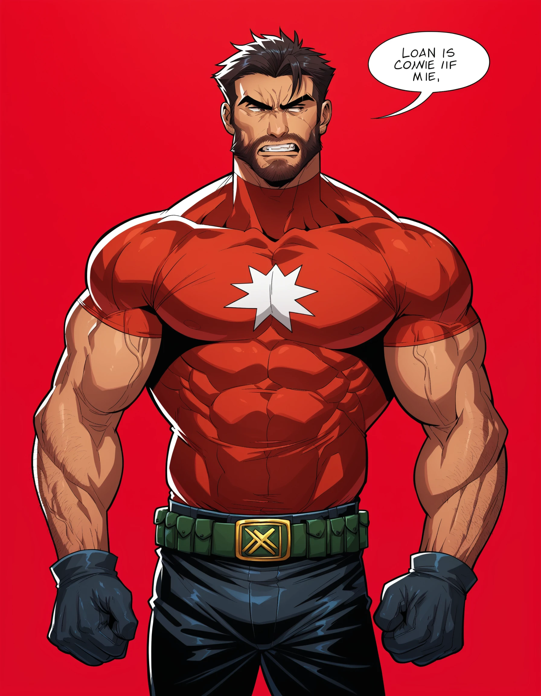 Larocca Art Style, 1boy, beard, belt, black hair, claws, clenched hand, facial hair, gloves, holding, looking at viewer, male focus, manly, mature male, muscular, muscular male, red background, solo, teeth, veins, veiny arms, PnyCmicXLPOS, Logan, Wolverine, looking to the side, <lora:SalvadorLaroccaPDXL:1>