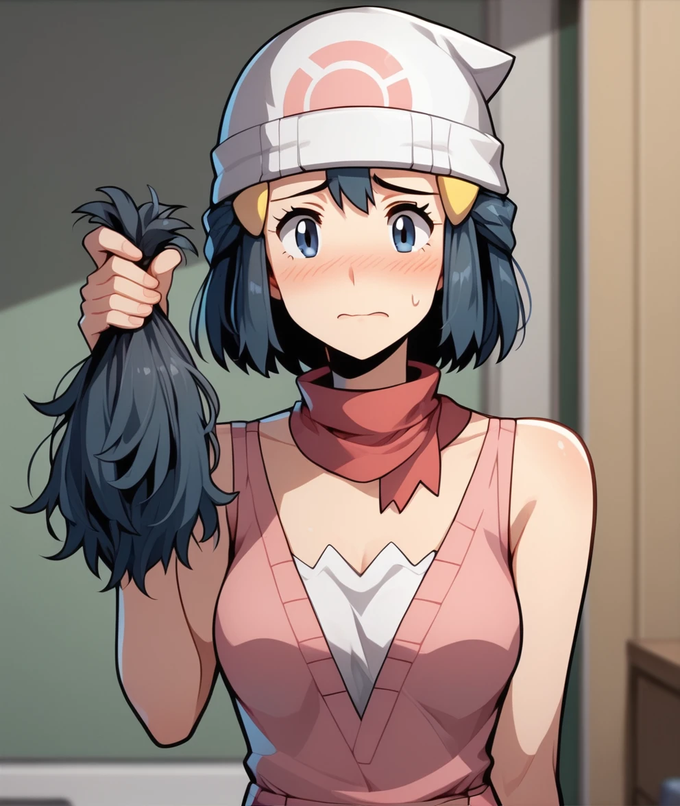 score_9, score_8_up, score_7_up,  source_anime,BREAK,, 1girl,solo,  embarrassed, blush,,( mature female:1.2),  <lora:BigChopPONYXL:1>,bigchop,  (short hair,:1.2) very short hair,, messy hair, dawn \(pokemon\),