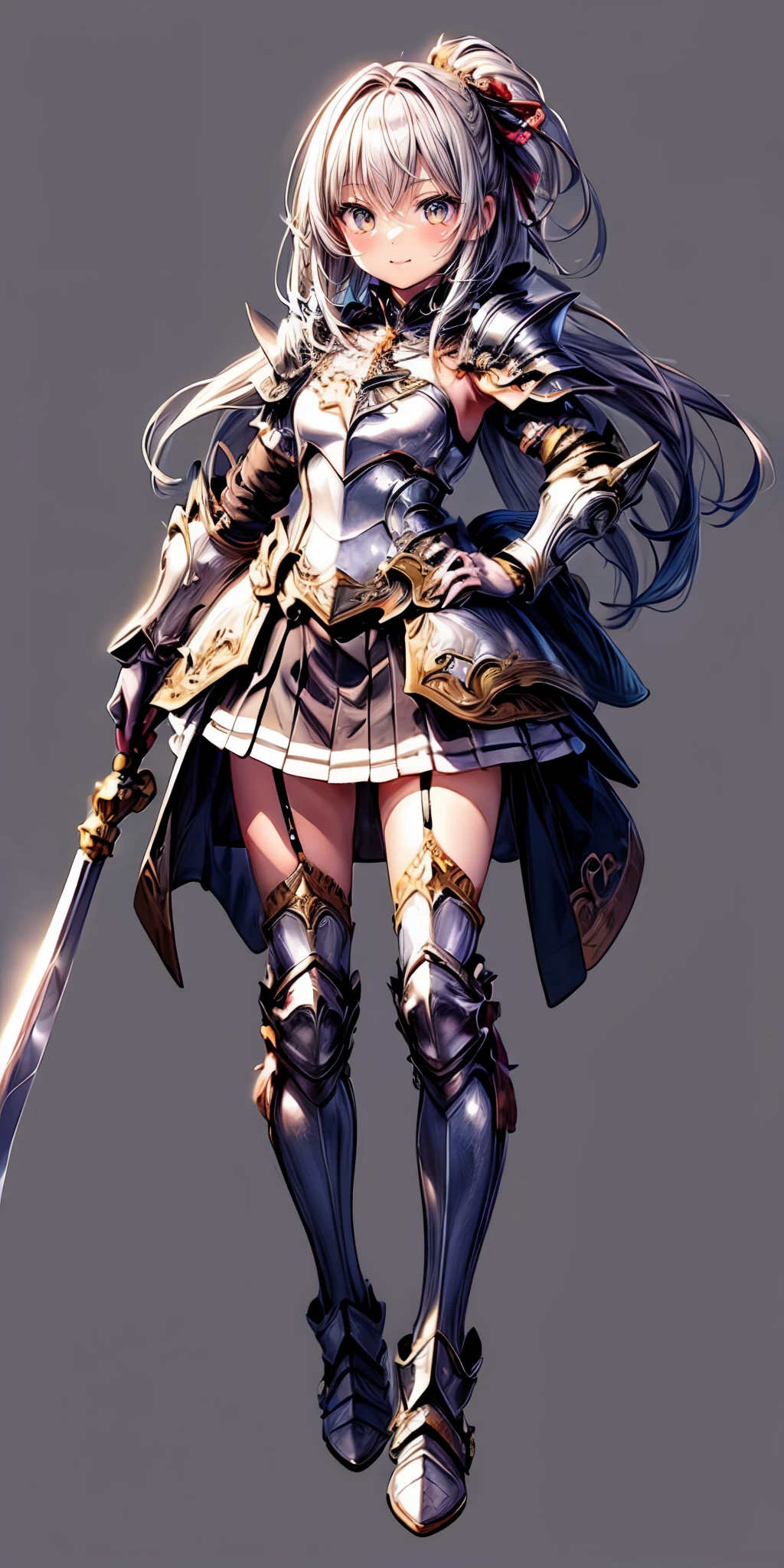 (masterpiece,ultra-detailed,best quality,8K,illustration:1.0),(ite girl:1.0) <lora:more_details:1>,cute face,simple background
<lora:himekishi v1.0:0.8> himekishi, jyojifuku, weapon, armor, boots, thighhighs,skirt