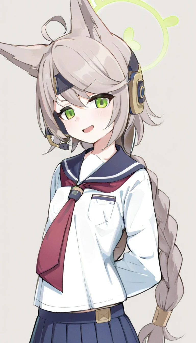 1girl, grey hair, green eyes, green halo, fox ears, long hair, single braid, headset, school uniform, sailor collar, red neckerchief, white shirt, blue pleated skirt, open mouth, smile, standing, simple background, looking at viewer, arms behind back, <lora:otogi:1>