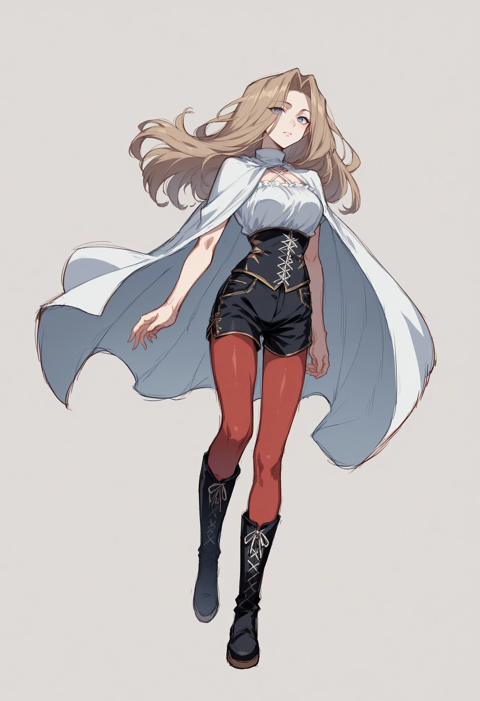 score_9, score_8_up, score_7_up, source_anime, 1girl, solo, Methode, light brown hair, blue eyes, long hair, parted bangs, criss-cross halter, white shirt, corset, black shorts, red pantyhose, white cape, black boots, full body, blur, sketch, simple background, line art, flat color, limited palette, muted color, spot color, greyscale, <lora:Traditional_art_v4_USENEG:-0.7>, <lora:ChamMethodePonyXL:1>