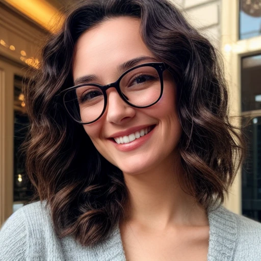 A photo of a brunette woman with wavy hair and glasses, smiling  <lora:AmIReallora:1>  <lora:more_details:1>