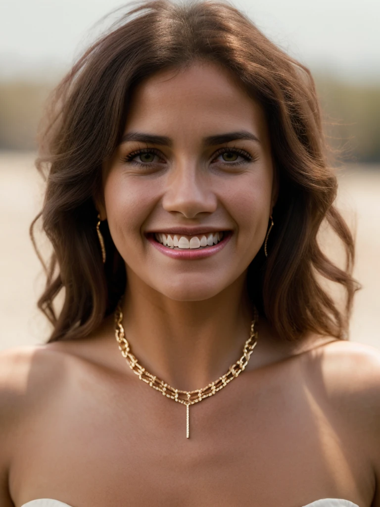 A beautiful lynd4c,1girl, solo, long hair, looking at viewer, smile, brown hair, brown eyes, jewelry, earrings, teeth, necklace, grin, realistic,soft lighting, professional Photography, Photorealistic, detailed, RAW, analog, sharp focus, 8k, HD, high quality, masterpiece<lora:lynd4c:1.0>