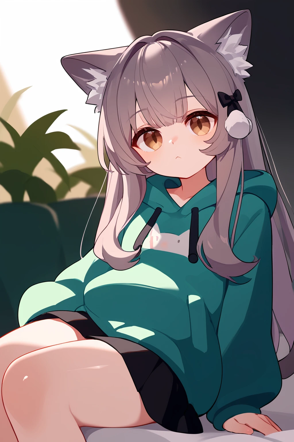 (score_9,score_8_up,score_7_up), shiny skin, 1girl, <lora:Milk_PonyXL_v1:1>, cat ears, animal ear fluff, long hair, light purple hair, grey hair, brown hair, brown eyes, cat tail, green hoodie, black skirt,