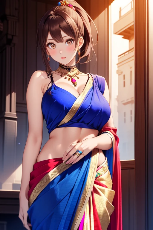 cowboy shot, ,saree, (red and blue saree), blouse, indian dress, indian saree,official art, extremely detailed CG unity 8k wallpaper, perfect lighting,Colorful, Bright_Front_face_Lighting,
(masterpiece:1.0),(best_quality:1.0), ultra high res,4K,ultra-detailed,
photography, 8K, HDR, high res, absurdres:1.2, Kodak Portra 400, film grain, lens flare, (vibrant_color:1.2), BREAK 
girl wearing indian saree, white saree with a black blouse with golden accent and flower pattern, Azuma Hisato, ponytail,brown_hair, Bangs,brown_eyes, jewelry, ring, BREAK
,1 girl, Solo, Manga, 25yo, mature female, Beautiful Finger, Beautiful long legs, Beautiful body, Beautiful Nose, Beautiful character design, perfect eyes, perfect face, looking at the viewer, (innocent_big_eyes:1.0), nose blush, BREAK (Beautiful, breasts), (beautiful_face:1.5),(narrow_waist)<lora:EMS-277472-EMS:0.700000>, <lora:EMS-342330-EMS:0.700000>