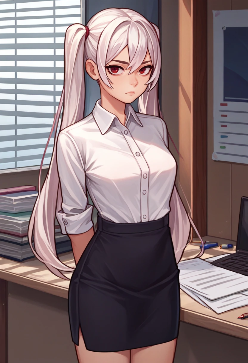 score_9, score_8_up, score_7_up, source_anime, solo, 1girl, rcaltair, expressionless, looking at viewer, standing, arms behind back, white hair, twintails, red eyes, office lady, white shirt, collared shirt, pencil skirt, indoors, office <lora:recreators_altair_ponyXL:1>