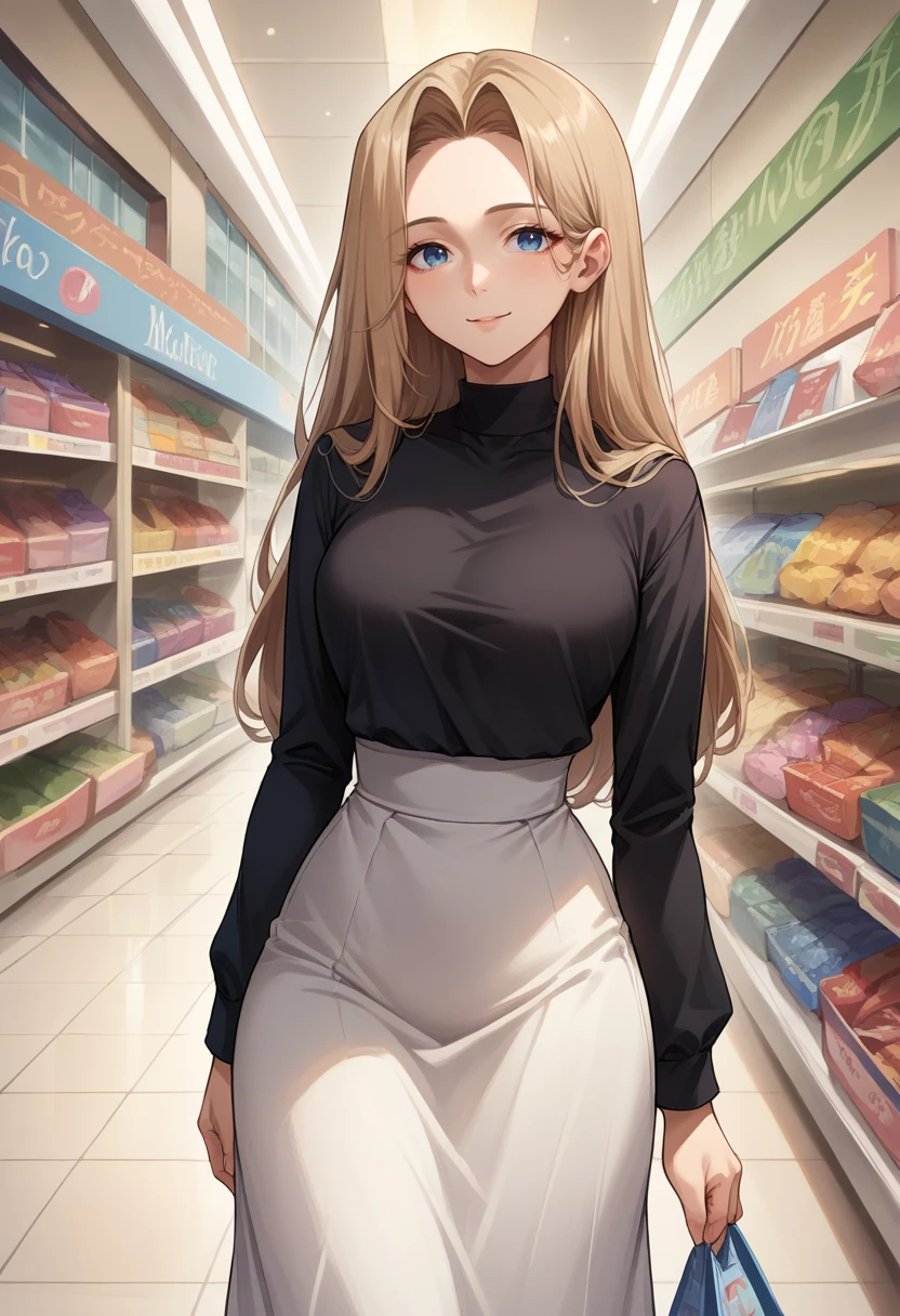 score_9, score_8_up, score_7_up, source_anime, 1girl, solo, Methode, light brown hair, blue eyes, long hair, parted bangs, high-waist skirt, long skirt, white skirt, black shirt, long sleeves, smile, standing, indoors, shopping mall, <lora:ChamMethodePonyXL:1>