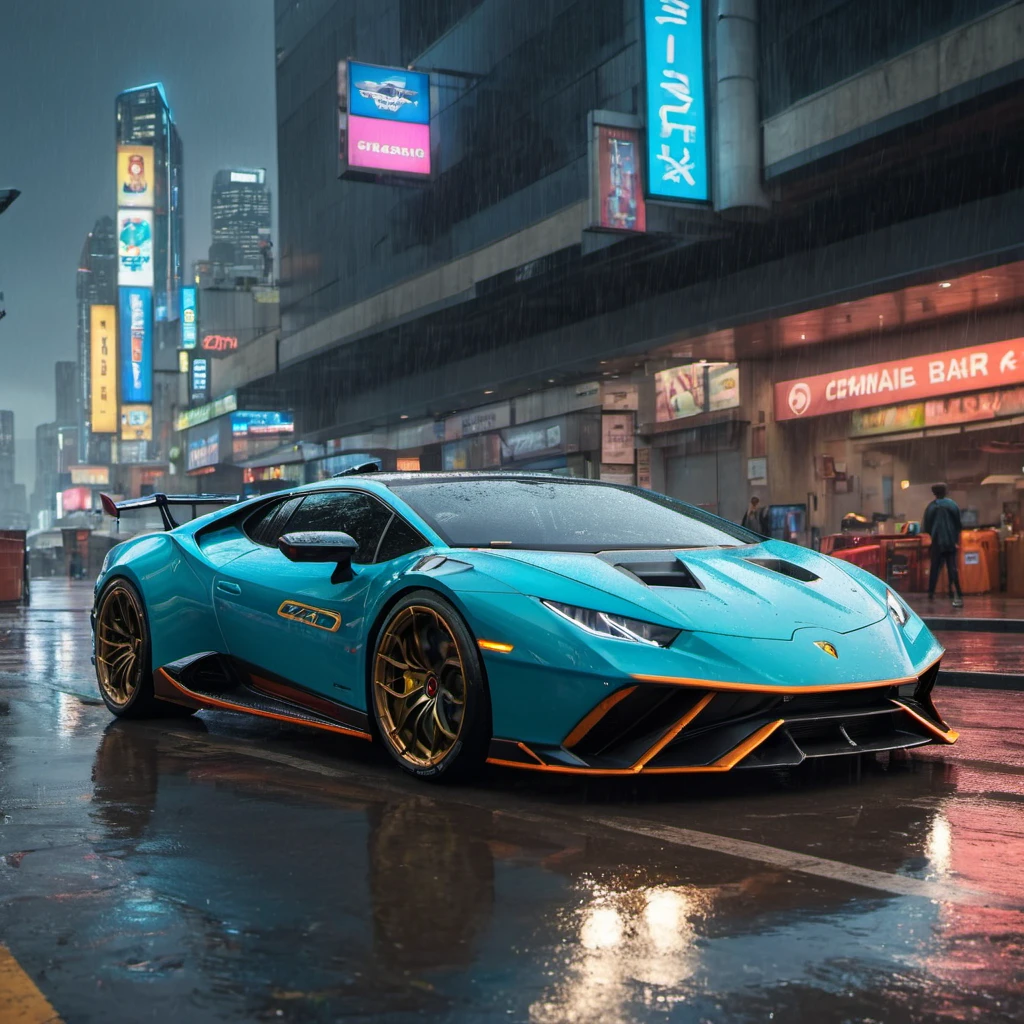 HuracánCar,sports car,masterpiece, <lora:Huracán_XL:0.6>,
future  city, rainy ,cyberpunk city ,(((cinematic lighting))), soft cinematic light, adobe lightroom, photolab, hdr, immense detail, photorealism, professional photography