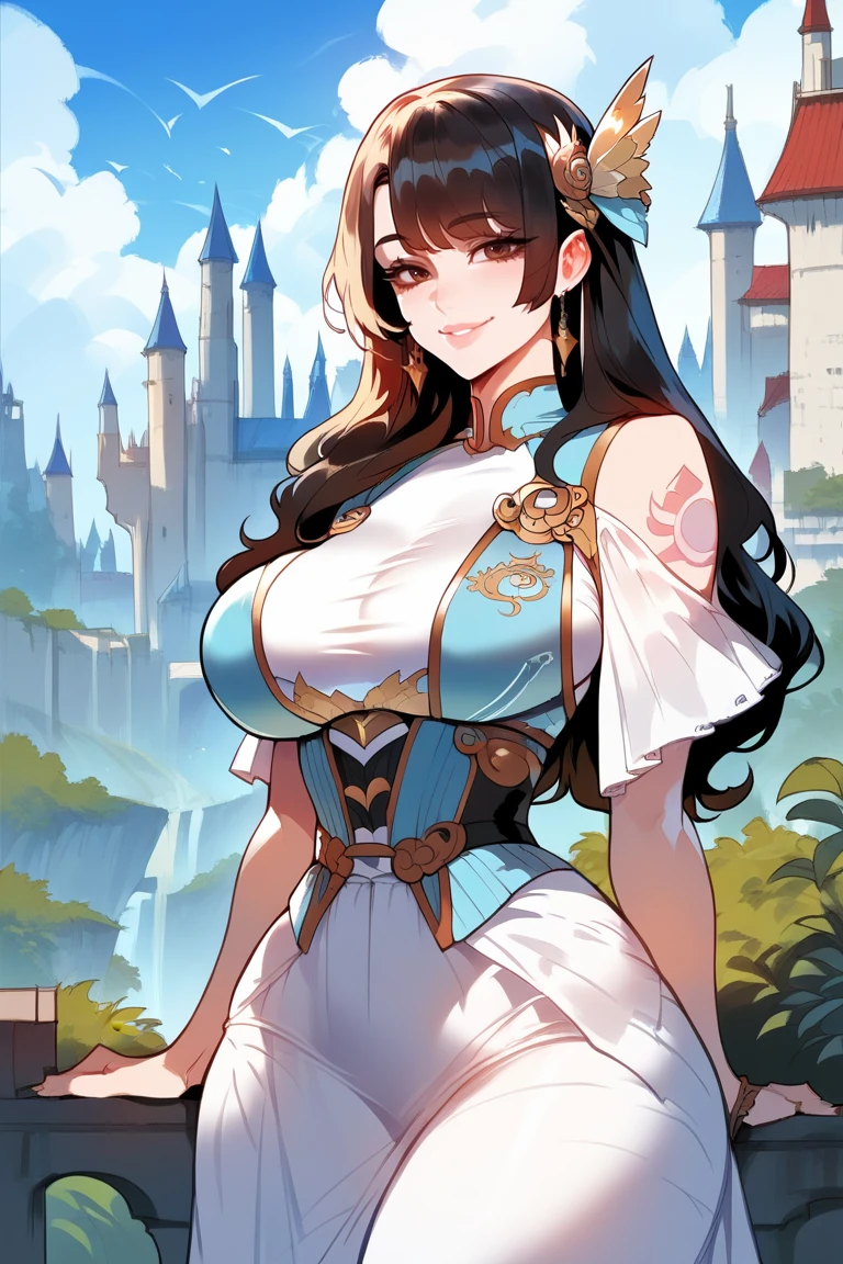 score_9, score_8_up, score_7_up, score_6_up, score_5_up, score_4_up, scenery, 1girl, dress, asian, smile, lips, curvy, large breasts, fully clothed, intricate outfit, tattoo, solo, outdoors, blue sky, castle, princess, fantasy<lora:EMS-344951-EMS:1.000000>