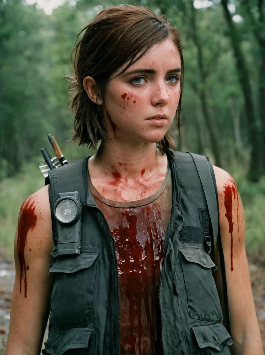 ellie williams,  <lora:ellie:0.7>, vest, blood,  analog photo, cinematic, film grain