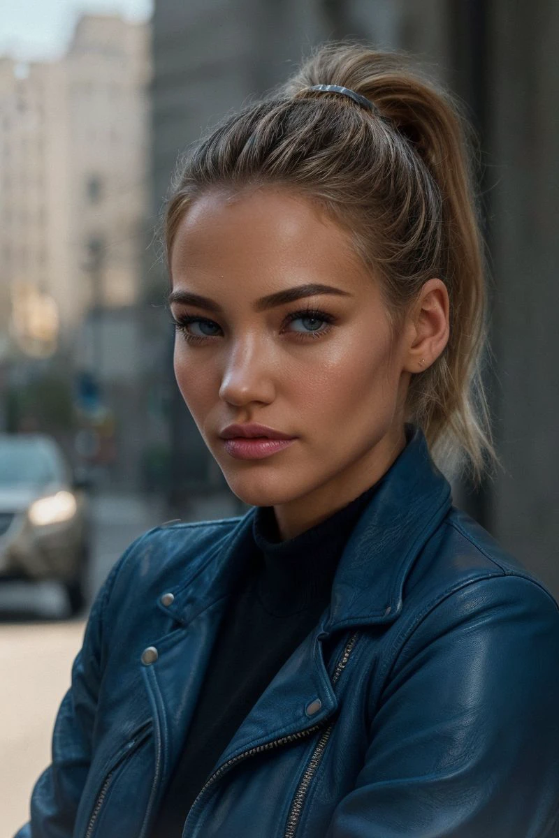closeup headshot of S378_IshaVanDijk,a beautiful woman,in a (city:1.1),wearing a (blue-leather-jacket:1.1),(ponytail),(4k, RAW photo, best quality, 35mm, depth of field, ultra high res:1.1),(intricate, photorealistic, cinematic-shot, masterpiece, ultra-detailed:1.1),