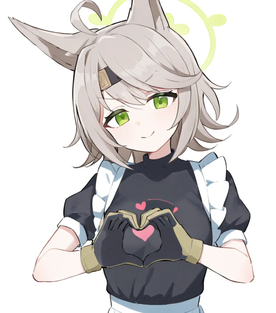 1girl, looking at viewer, simple background, white background,upper body,
grey hair,green eyes,green halo,long hair,ahoge, fox ears,
black shirt,breasts,closed mouth,enmaided,frilled apron,frilled shirt,frills,gloves,hairclip,short sleeves,smile,heart hands,
<lora:last:1>