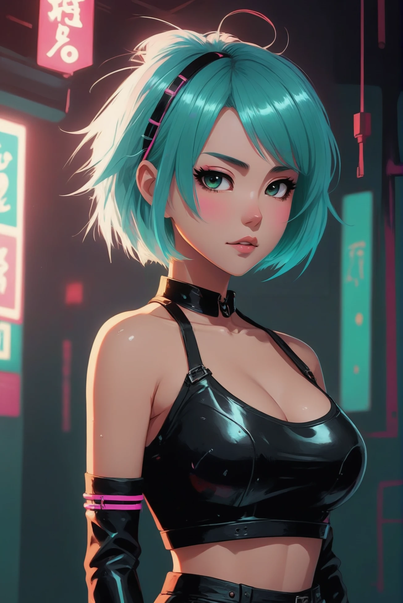 digital painting, anime style, seductive smile, rating_questionable, 1girl, woman, punk rocker bad girl, cute, [:wild costume design,:0.2], punk hair, glowing aqua hair with magenta highlights, drill hair,Headband Updo, leather skirt, bombshell hair, glimmering neon color:dimgray and sea green hair, ahoge, thicc body, wide hips, narrow waist, medium breasts, korean, Relic Room or Treasury \(room\) in a solemn fantasy megastructure at the end of reality<lora:EnvyStarlightStark01:1>