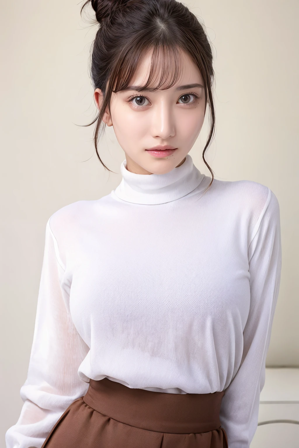 1girl, rinhachimitsu_jav, breasts, hair bun, black hair, brown hair, brown eyes, bangs, <lora:JAV_rin_hachimitsu_v1_epoch_10:0.8>
looking at viewer, shot using canon DSLR,  from front, cowboy shot, turtleneck shirt, skirt, highwaist,
detailed body, attractive body, perfect human body, realistic face, good hands,
(ultimate quality, masterpiece, highres:1.0), realistic:1.8, photorealistic,  <lora:goodhands_Beta_Gtonero:1>