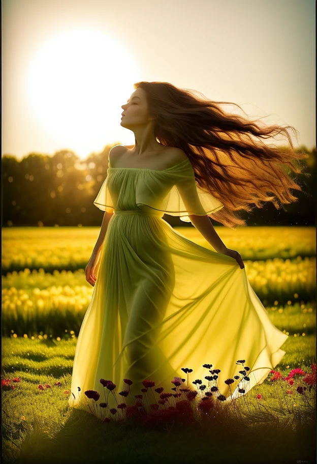 (half length, medium closeup:1.3), b4ckl1t, shapely  woman, early 40s,  standing in a field of flowers with her hair blowing in the wind and sun shining through the leaves,  flowing semitransparent dress, (nipple silhouette:0.5), flowing fabric, beautifully backlit, an impressionist painting, art photography, bokeh, slow shutter, anamorphic lens distortion, slim waist, low sun directly behind subject
 <lora:Backlit Clothes SD15_epoch_10:1>