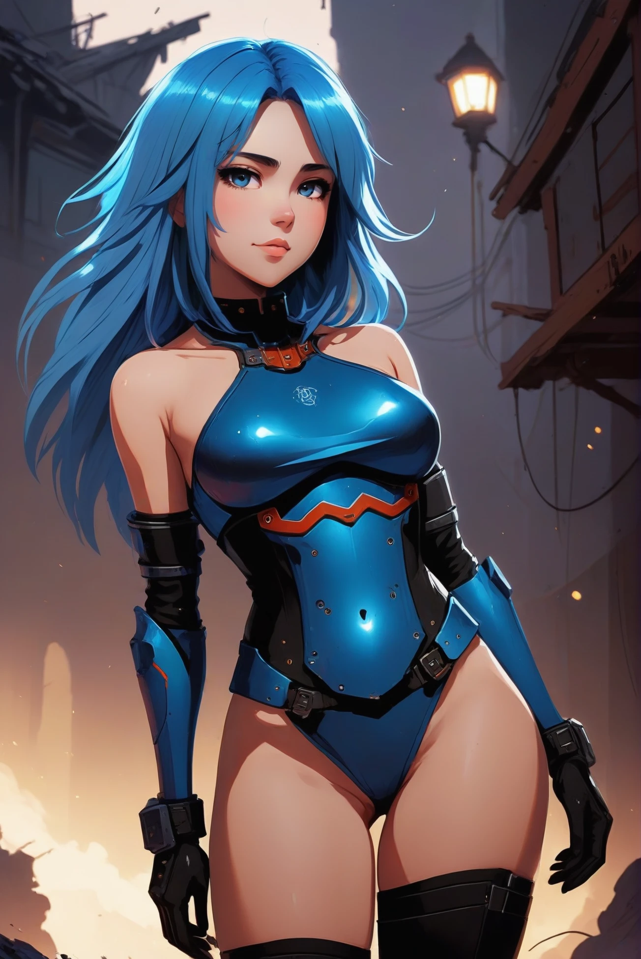 digital painting, anime style, seductive smile, rating_safe, 1girl, woman, heavy knight lord villainess, bombshell hair, subsurface scattering bright color:deepskyblue hair, Shaggy Layers, thick thighs, narrow waist, caucasian, rustic,dilapidated scifi settlement in a Human-Made Habitats<lora:EnvyStarlightStark01:1>