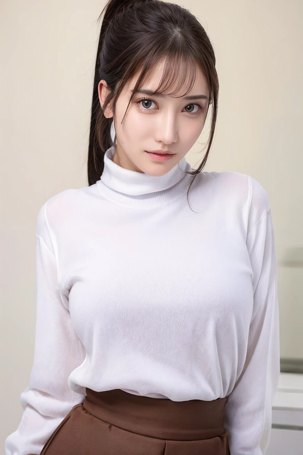 1girl, rinhachimitsu_jav, breasts, ponytail, black hair, brown hair, brown eyes, bangs, <lora:JAV_rin_hachimitsu_v1_epoch_10:0.8>
looking at viewer, shot using canon DSLR,  from front, cowboy shot, turtleneck shirt, skirt, highwaist,
detailed body, attractive body, perfect human body, realistic face, good hands,
(ultimate quality, masterpiece, highres:1.0), realistic:1.8, photorealistic,  <lora:goodhands_Beta_Gtonero:1>