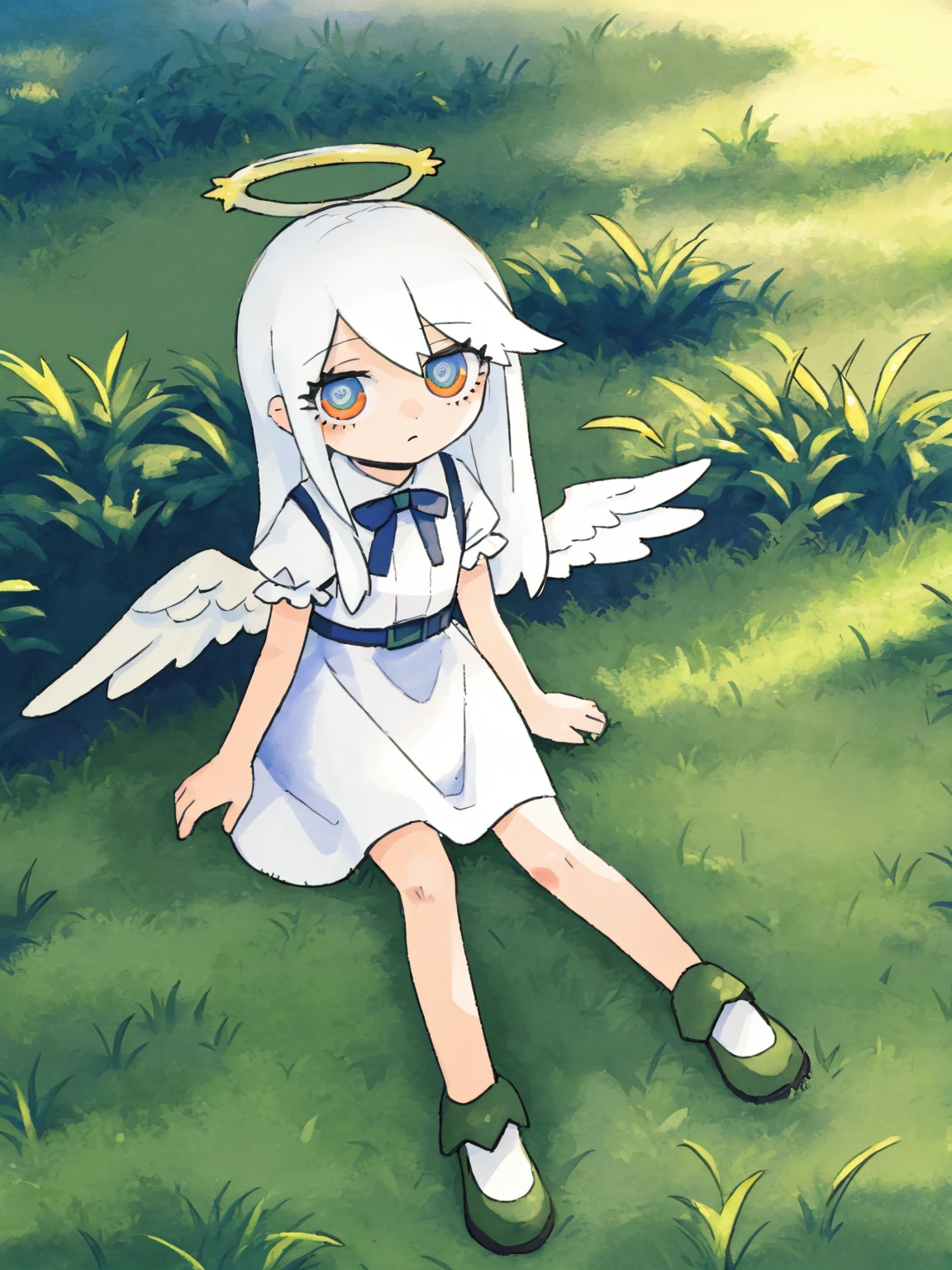 best quality,alter,1girl, angel, angel wings, blue eyes, dress, expressionless, fish, grass, halo, long hair, looking at viewer, painting \(medium\), solo, surreal, tall grass, traditional media, water, watercolor \(medium\), white dress, white hair, wings, <lora:lvzi:1>