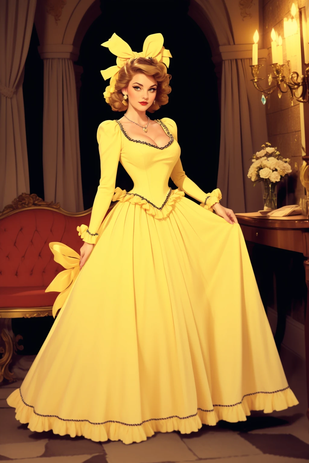 Film noir style woman, adult, beautiful, solo, high quality, best quality, highres, high detail,<lora:Outfit_soph-ChanelPrincessGown:0.75> (strict corset), Belle \(disney\), auburn styled hair, yellow:1.2 ballgown, yellow petticoat, French fashion, hair bow,  ((rococo fashion, stapless, bows, ribbons, gem, jewels, iridescent finish)) dr3ss, ((yellow:1.3 quilting:1.1)), trim stitching,  Cozy Florentine Wine Cellar with flickering candlelight illuminating rustic stone walls, creating an intimate atmosphere for savoring fine wine and conversation. necklace, jewelry  eyeliner, eyeshadow, makeup, (rouge) full body, tall headpiece, large breasts, cleavage . Monochrome, high contrast, dramatic shadows, 1940s style, mysterious, cinematic