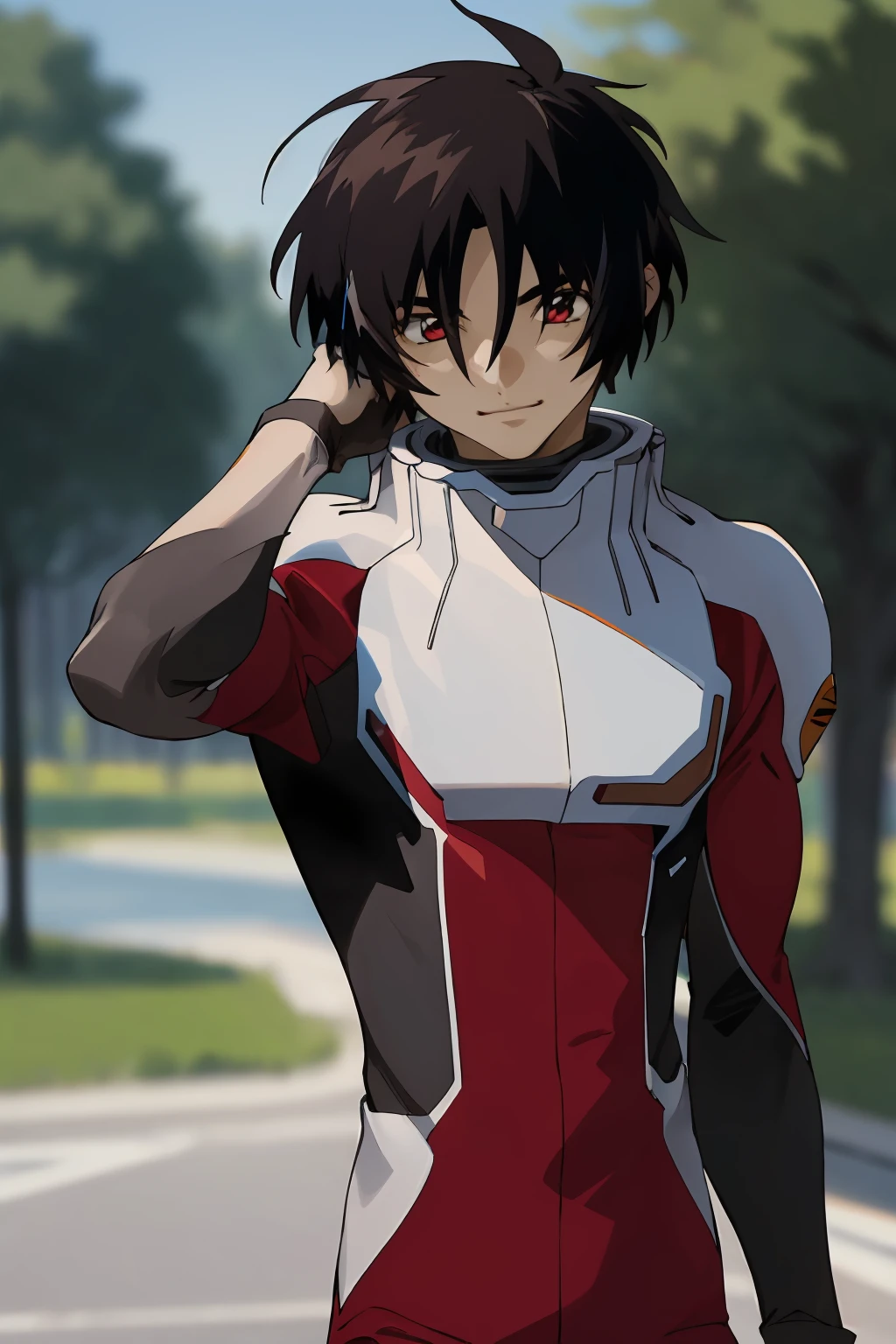 (masterpiece,best quality,high quality,ultra detailed,8K,highres),(muscle:1.2),shinn asuka,1boy,smile,tight-fitting,hand on head,<lora:shinn-asuka-000010:1>,blurred background,in the park,