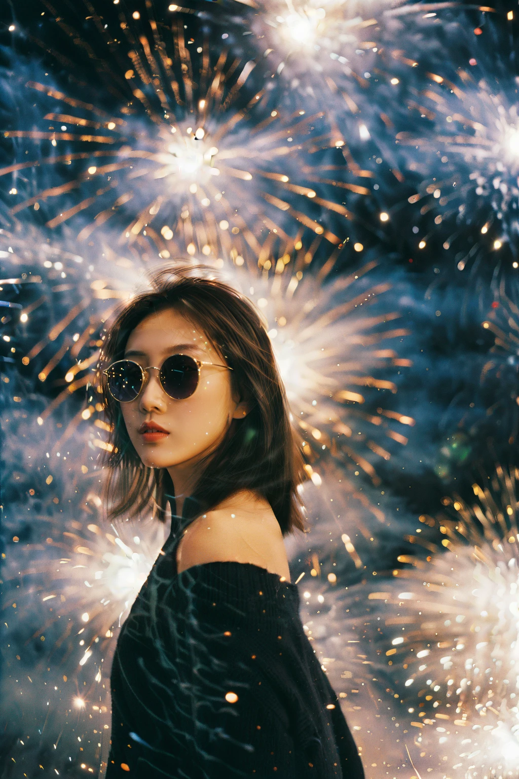 an asian girl,film grain texture,analog photography aesthetic,fire,fireworks,night,<lora:disillusion Â· fireworks_SDXL:1>,sunglasses,dynamic angle,upper_body,(Off-the-shoulder_sweater:1.4),