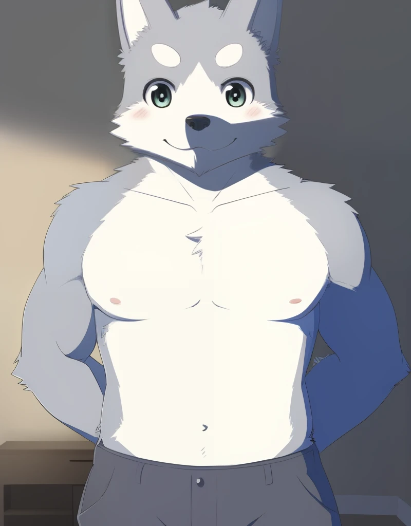 (((detailed eyes, detailed face))), (furry, seiya <lora:character_seiya_findigo_v1:0.9>, two-tone fur, grey fur, dog boy, snout, green eyes), male, (solo), (plump), (grey pants, topless), standing, (arms behind back), smile, (front view) BREAK (konzaburou, ukan_muri, cute), bedroom, (flat shading, flat color, high brightness), 8k, UHD, masterpiece, (full body:1.8)