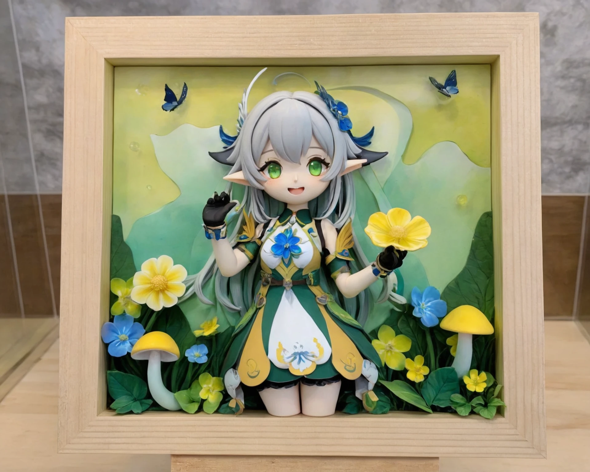 masterpiece,best quality,clay handmade frame,female,anime character,green eyes,silver hair,elf ears,fantasy setting,nature background,mushrooms,glowing effects,green gloves,blue jelly creature,flowers,sunlight filtering,green and yellow color palette,pastoral scene,smiling expression,kneeled pose,ornamental hair accessories,translucent wings,wrist cuff,floral pattern,sleeveless dress,soft shading,detailed illustration,high saturation,bokeh effect,whimsical ambiance,<lora:ClayHandmadeFrame:0.7>,