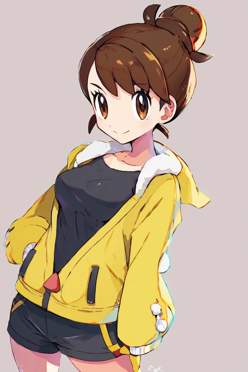 score_9, score_8_up, score_8, medium breasts, (curvy), cute, eyelashes,      harada_takehito,   gloria (pokemon), gloriaDojo, yellow jacket, black shirt, black shorts, knee pads, short hair, single hair bun, collarbone, cowboy shot, smile, looking at viewer, <lora:Gloria_Pokemon_P1:0.8>,   <lora:Harada_Takehito_P3:1.2>,