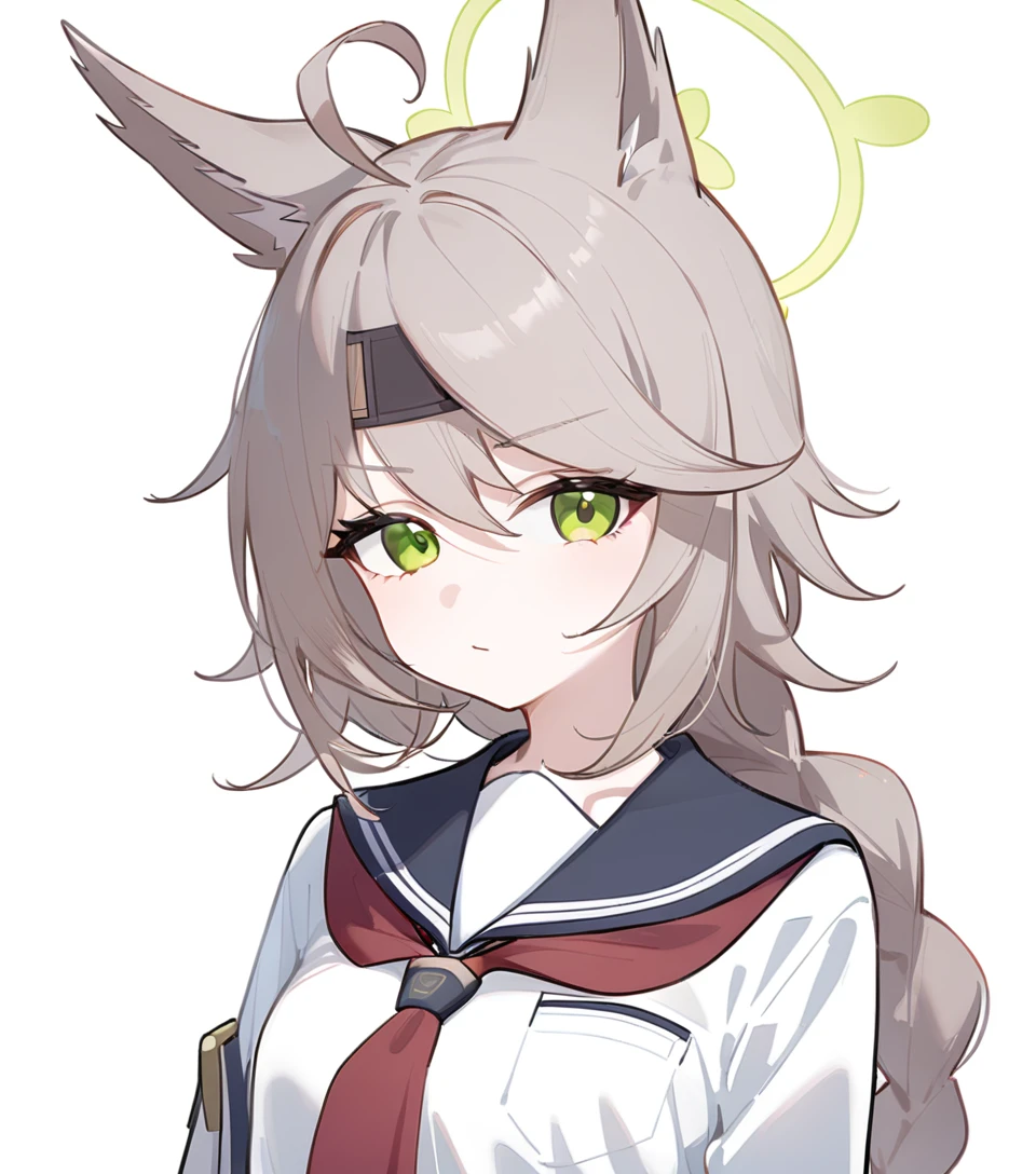 1girl, looking at viewer, upper body,
grey hair,green eyes,green halo,long hair,ahoge, fox ears,single braid,
school uniform, red neckerchief, white shirt,
<lora:a31_style_koni:1>, <lora:last:0.8>