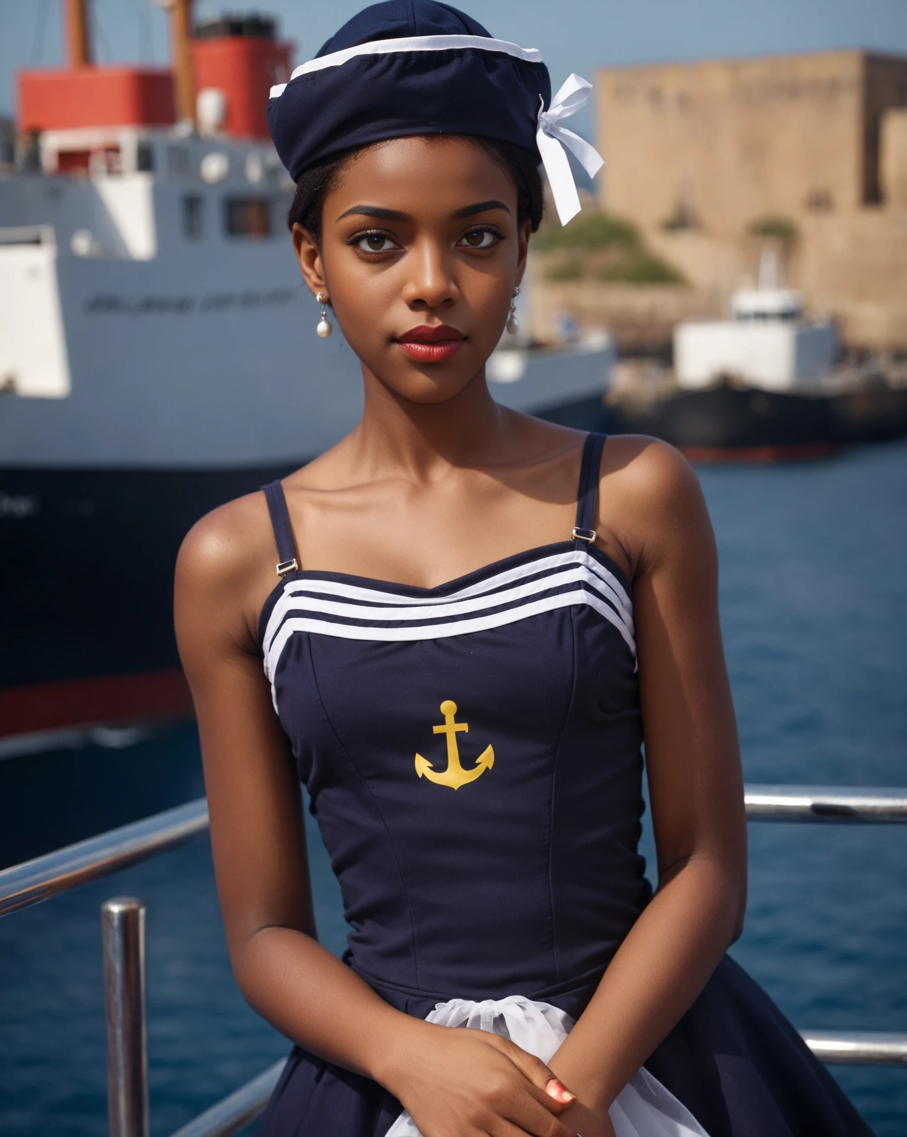 <lora:Navy_Sailor_Dress_SideCap_XL_v1-000020:0.8>, 1girl, black hair, hat, jewelry, lips, short hair, looking at viewer, navy sailor dress, realistic, skirt, solo, <lora:Perfect Hands:0.8>, Perfect Hands, <lora:HandFineTuning_XL:0.8>, sea port, (black skin:1.1), (dark skin:1.1), (very dark skin:1.1), african, (black lipstick:1.4)