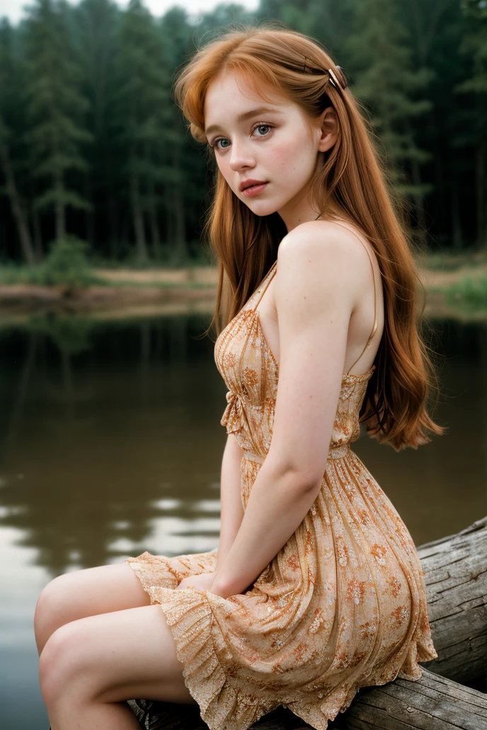 tv_Anna_MXAI, PA7_Enhancer-02 PA7_Human-Likeness, , , calm expression, wearing a colorful sundress, sitting on a log at a misty forest pond, golden hour, shot from the side,, 8k resolution, highres, high detail, sharp focus, detailed skin, 8k uhd, bokeh, analog photography