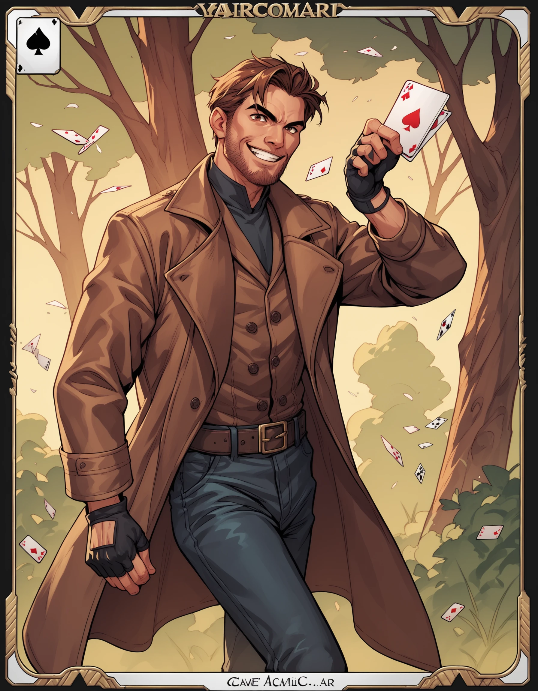 Larocca Art Style, 1boy, black gloves, boots, brown coat, brown eyes, brown hair, card, coat, facial hair, fingerless gloves, gloves, jacket, looking at viewer, male focus, pants, parody, playing card, smile, solo, teeth, tree, PonyXLV6_Scores , PnyCmicXLPOS, <lora:SalvadorLaroccaPDXL:0.8>