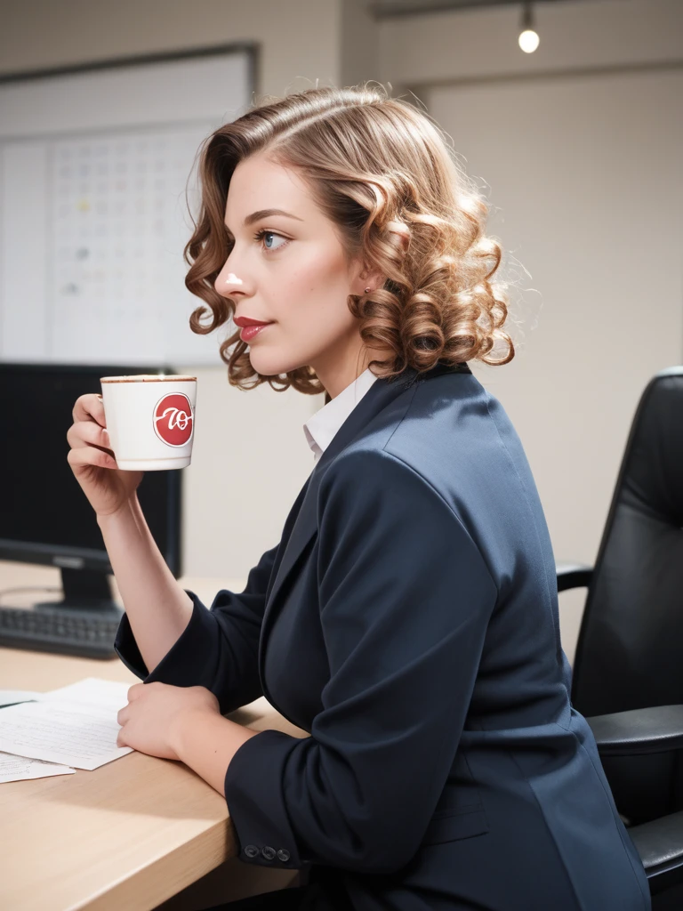 photo 1 woman portrait, (cofee cup:1.3), sitting, curly, sideview, office setting bpe-pro pny-safe