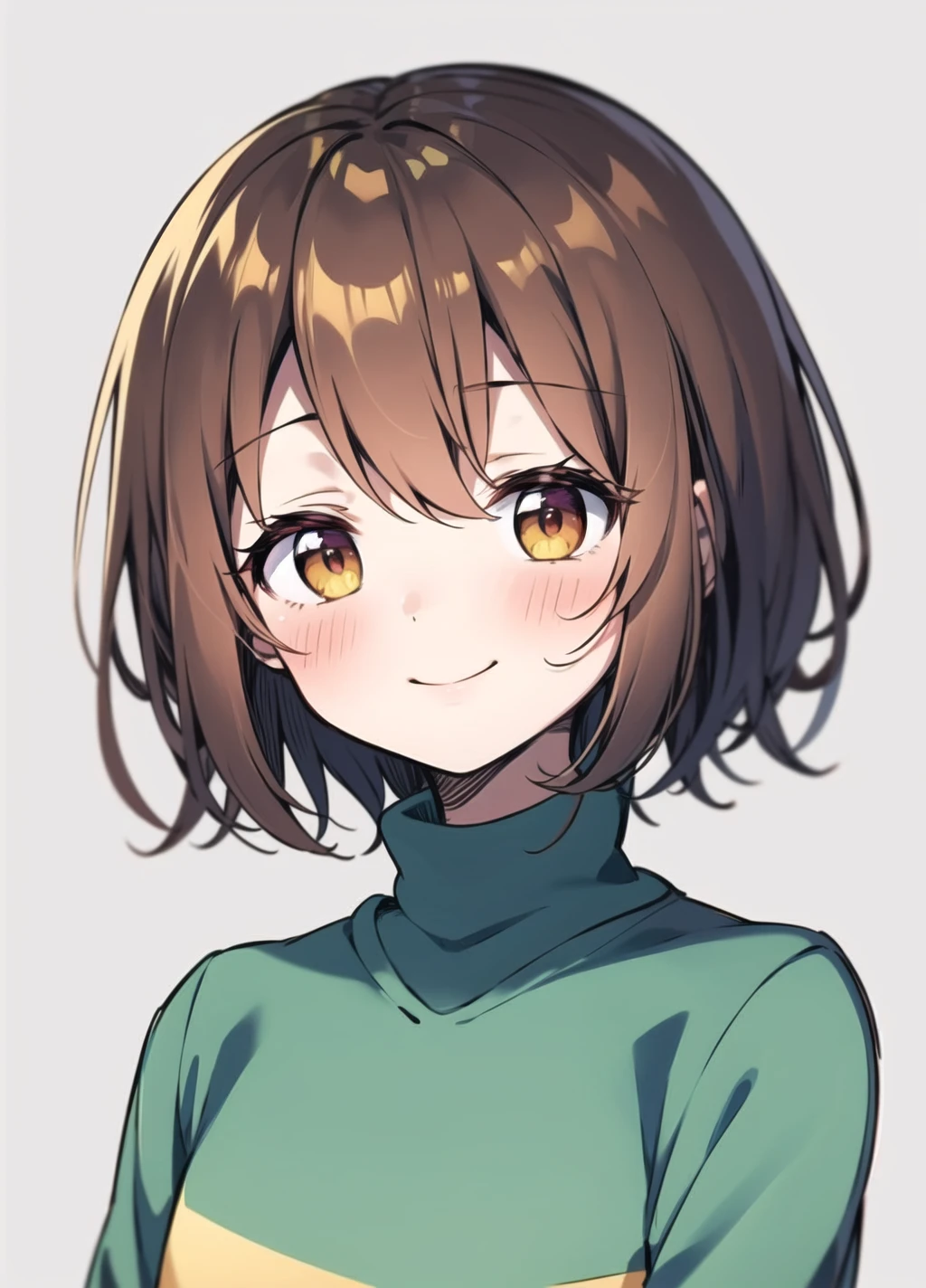 <lora:Chara anything45pruned22r60r-000006:0.7>, chara, 1girl, smile, solo, brown hair, simple background, blush, striped, shirt, looking at viewer, closed mouth, upper body, brown eyes, striped shirt, bangs, short hair, grey background, striped sweater, green shirt,