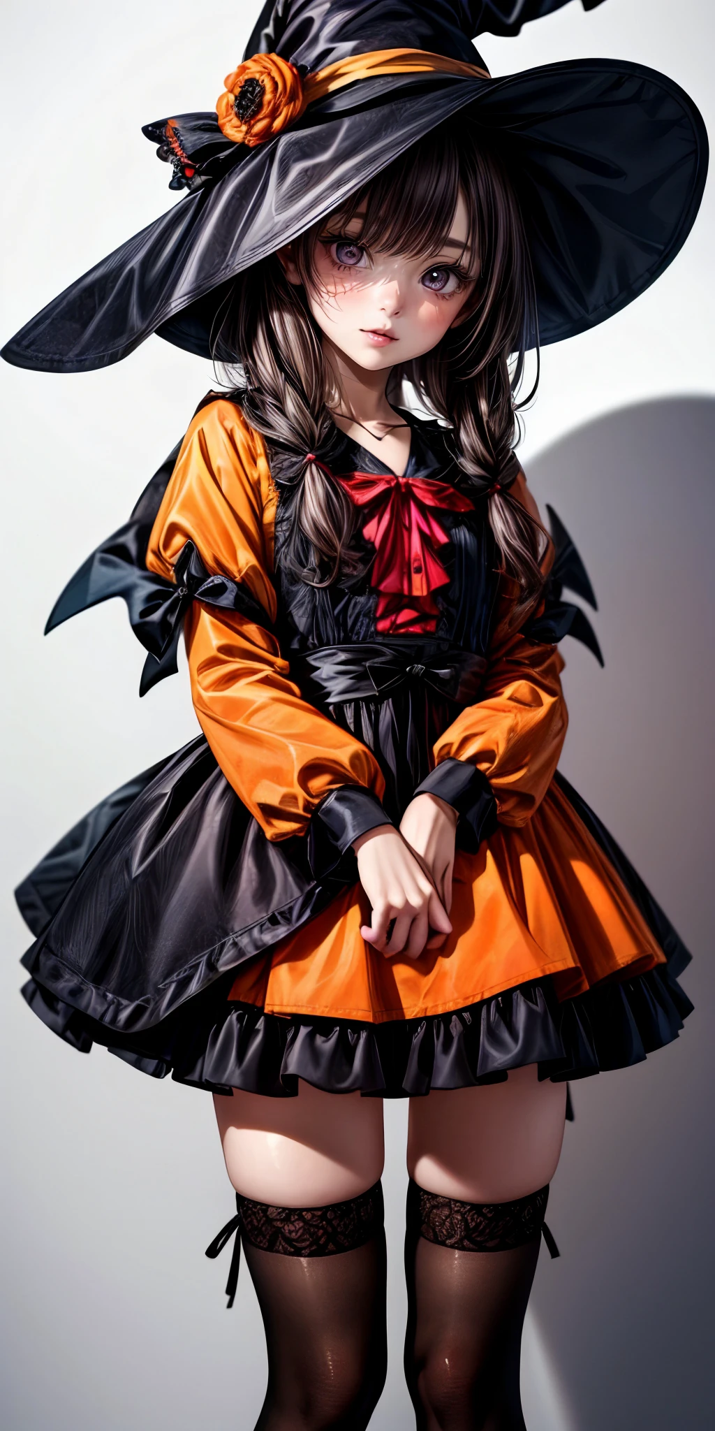 (masterpiece,ultra-detailed,best quality,8K,illustration:1.0),(ite girl:1.0) <lora:more_details:1>,cute face,simple background
<lora:witch v1.0:0.4> jyojifuku, witch, hat, dress, halloween,thighhighs,orange clothes,