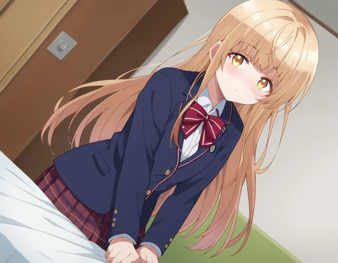 score_9, score_8_up, score_7_up, source_anime,
mahirushiina, <lora:mahiru-shiina-s1-ponyxl-lora-nochekaiser:1>
mahiru shiina, bangs, blonde hair, brown hair, yellow eyes,
long hair, skirt, bow, school uniform, jacket, pleated skirt, plaid, plaid skirt, blazer, cardigan, blue blazer, red bowtie,
indoors, bed, bed room, on side, blush, drunk,
looking at viewer, dutch angle, cowboy shot
