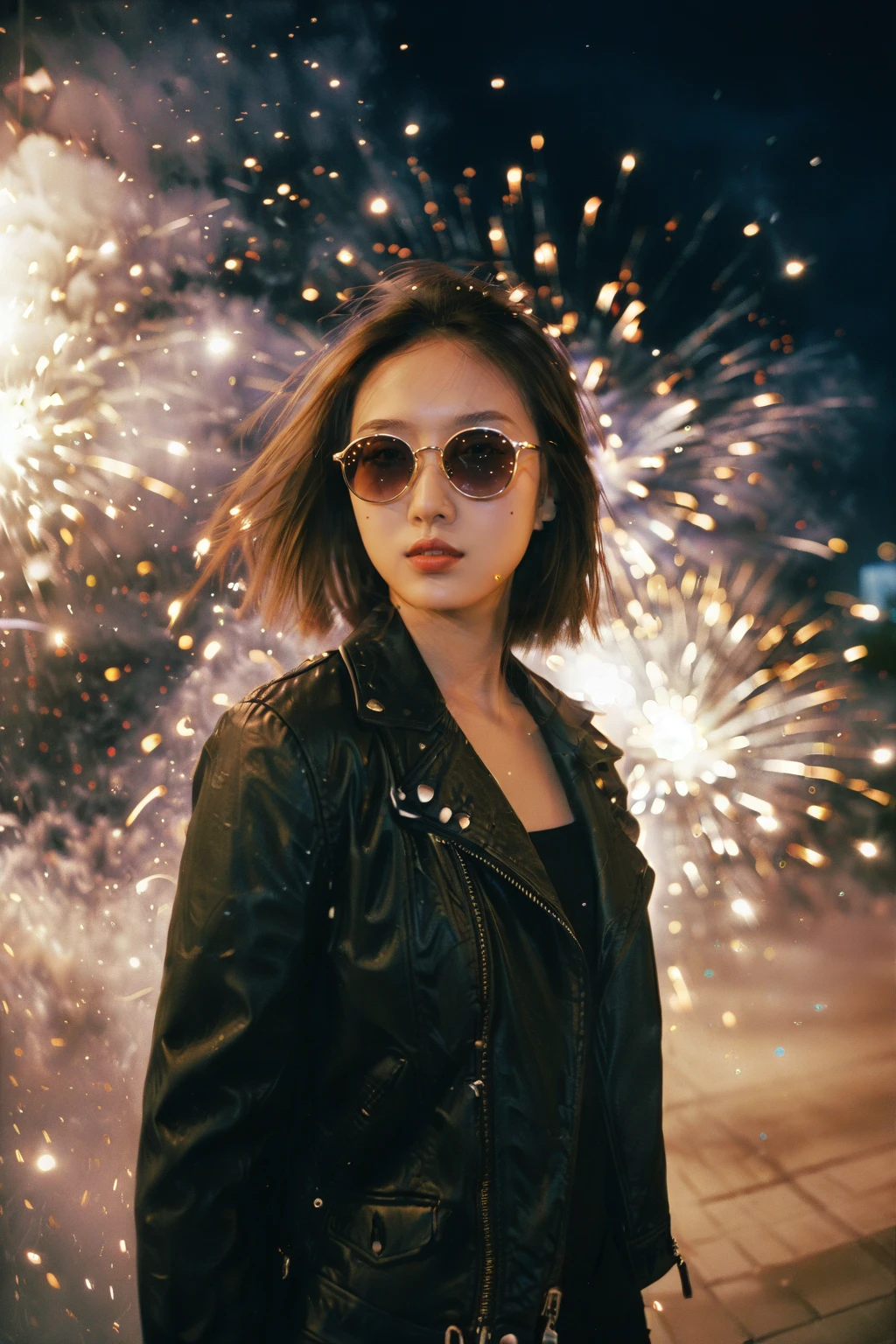 an asian girl,film grain texture,analog photography aesthetic,fire,fireworks,night,<lora:disillusion Â· fireworks_SDXL:1>,sunglasses,(Leather_jacket:1.4),portrait,cityscape,