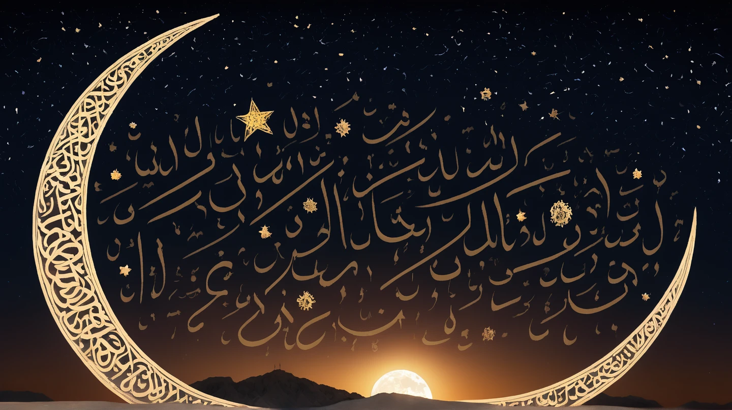 An (entirely made of arabic calligraphyy:1.9), beautifully intricate, massive, photo of stars in the moonlit night sky forming arabic calligraphy, crescent supermoon, hurufiyya <lora:arabic_calligraphy:1>