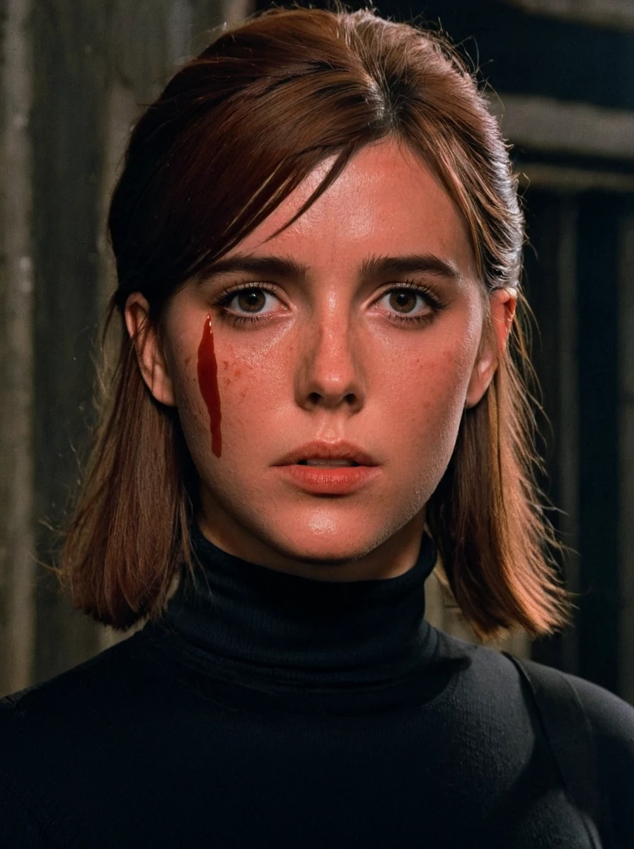 ellie williams,  <lora:ellie (1):0.7>,, black turtleneck, blood, brown hair, 80's cinematic horror movie still