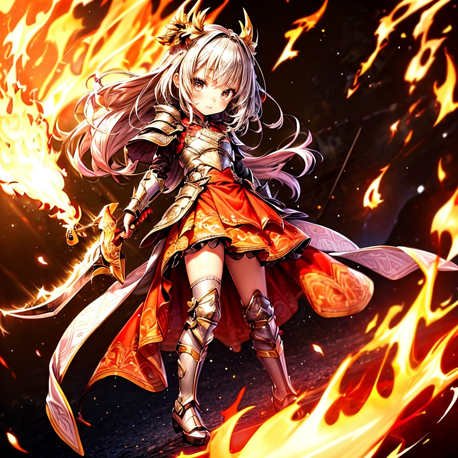 (masterpiece,ultra-detailed,best quality,8K,illustration:1.0),(ite girl:1.0) <lora:more_details:1>,cute face
<lora:himekishi v1.0:0.8> himekishi, jyojifuku, weapon, armor, boots, thighhighs,skirt <lora:flame:0.6> flame,flame dress,flame magic,flame weapon