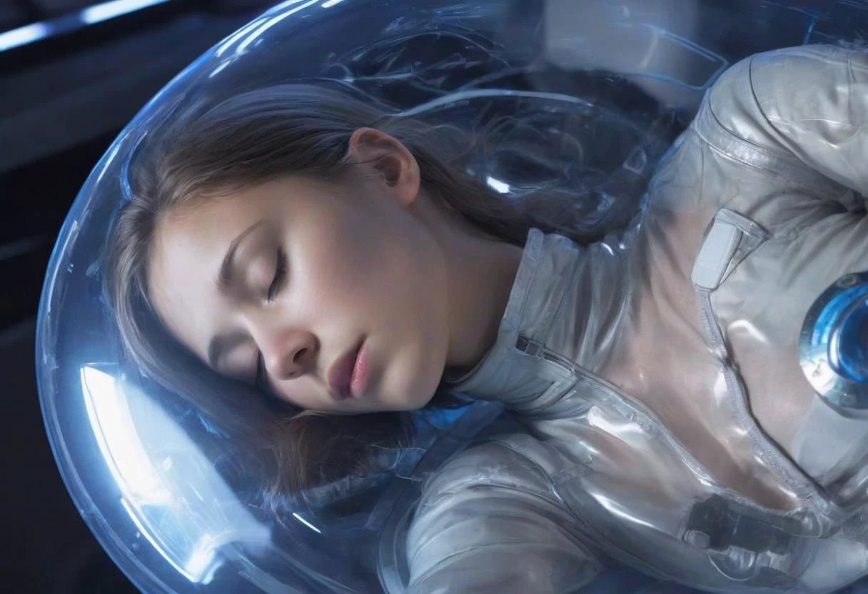 cyborg girl in a lightweight space jumpsuit made of fabric, in a transparent glass space rescue capsule, sleeping in stasis in the imbrion pose, close-up, side view, panels with blue backlight, futuristic art, computer graphics, space, Esther Mattioni, space art ), (smooth white panels: 1.1), (all-round view screen: 1.2), diffused light (neon accents: 1.1), advanced technology, sterile environment, science fiction atmosphere, interstellar travel, Sony A7R IV, 1/50 s, f/2.8, ISO 640, widescreen angular perspective, spatial depth, architectural symmetry, minimalist design (cool tones: 1.1), LED lighting, conceptual art