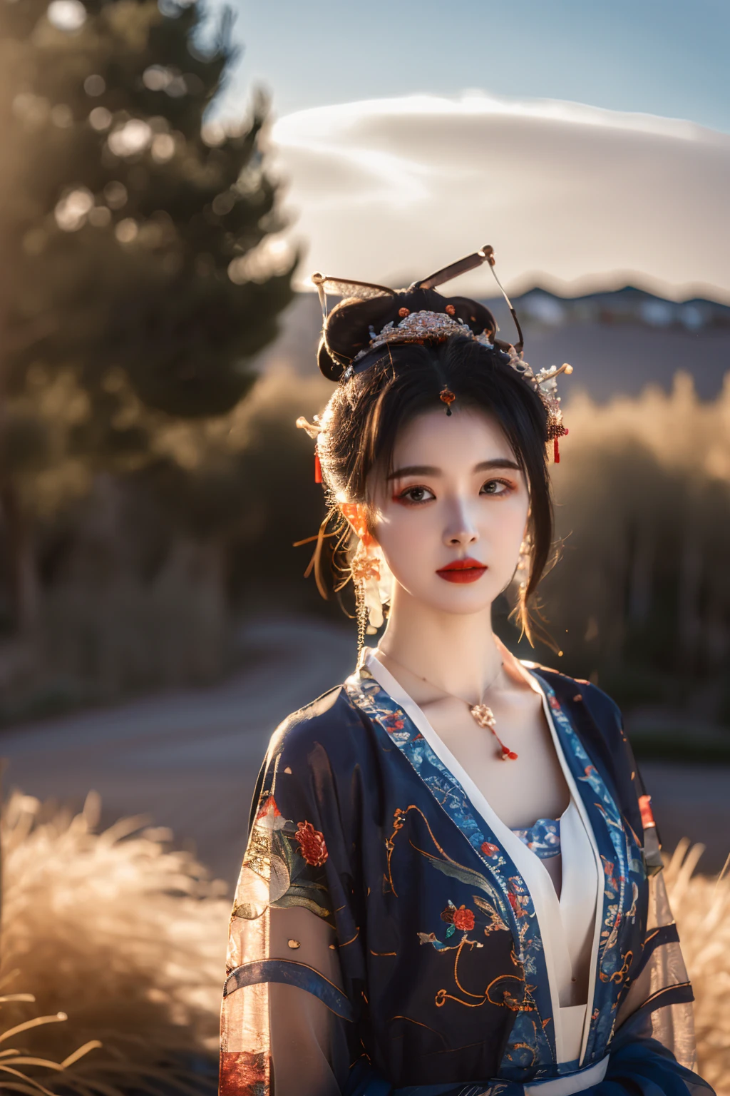 masterpiece, best quality, realistic, 1girl, gufeng style, solo, looking at viewer, black hair, hair ornament, jewelry, earrings, necklace, hair bun, blurry, lips, chinese clothes, cowboy shot, realistic, red lips, outdoors, day, sky, cloud, tree 
 <lora:Tensorxy_Gufeng_BD_LoRA_v1:0.7>